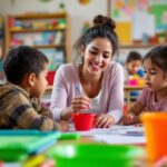 Children learning in a colorful classroom in Peru.