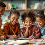 Diverse children learning together with books and art supplies.