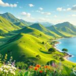 Lush landscape of Azerbaijan with green hills and sea.