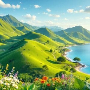 Lush landscape of Azerbaijan with green hills and sea.