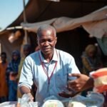 Humanitarian aid worker assisting families in Sudan's crisis.