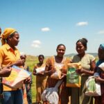 Volunteers distributing humanitarian aid in Africa.