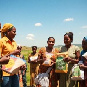 Volunteers distributing humanitarian aid in Africa.