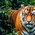Close-up of a tiger in lush Malaysian jungle.