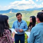 Group of diverse people discussing ideas in nature.