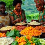 Women cooking Ugandan dishes with vibrant ingredients.