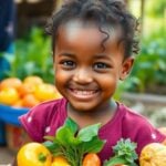 Smiling child with fruits in a community garden.