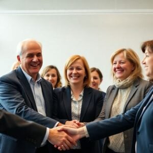 Adenauer-Stiftung team celebrating collaboration with smiles.