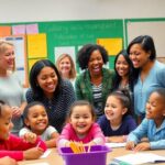 Group of teachers and students collaborating in a classroom.