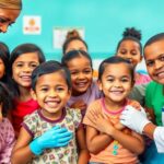 Children receiving vaccinations in a bright clinic setting.