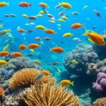 Underwater scene with colorful fish and coral reefs.