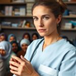 Woman in scrubs helping patients in a clinic.