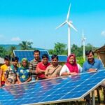 Diverse people using renewable energy in rural settings.