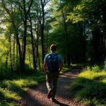 Person walking on a path in a vibrant green forest.