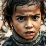Child with disabilities in a war-torn Gaza landscape.