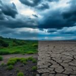 Dramatic contrast of lush and barren landscapes under dark skies.