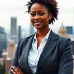 Woman in professional attire against a city skyline.