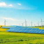 Green fields with solar panels and wind turbines.