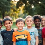 Diverse boys united in a supportive park setting.