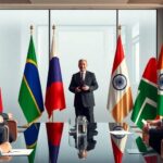 BRICS leaders collaborating in a modern conference setting.