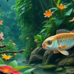 Amphibious mouse and blob-headed fish in rainforest.