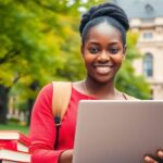 Akpene studying at Carnegie Mellon University with campus background.