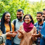 Diverse group discussing outdoors, reflecting community and connection.