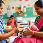 Healthcare worker assisting mother with newborn in facility.