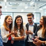 Diverse young professionals collaborating in a modern office.