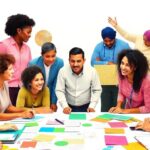 Diverse people collaborating on grant opportunities around a table.