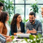 Diverse entrepreneurs collaborating in a green workspace.