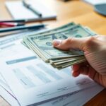 Hand holding cash above colorful grant application forms.