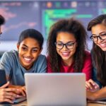 Diverse youth collaborating on a coding project together.
