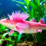Healthy axolotl swimming among aquatic plants in water.