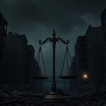 Broken scale of justice in a decaying urban setting.