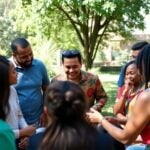 Group collaborating outdoors to enhance democratic engagement.