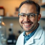 Mircea Dincă in a lab coat smiling in a laboratory.