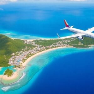 Aerial view of Port Vila and airplane heading to Australia.