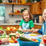 Children cooking together in a vibrant kitchen setting.