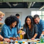 Diverse team collaborating in a creative workspace.