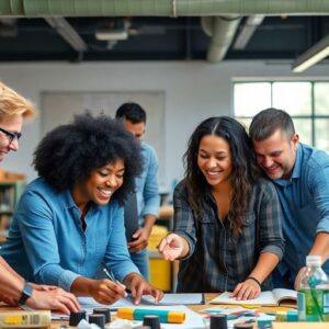 Diverse team collaborating in a creative workspace.