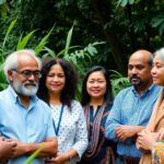 Diverse global leaders discussing climate change outdoors.