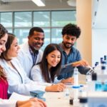 Young scientists collaborating in a modern laboratory.