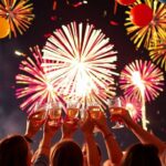 Fireworks and people celebrating New Year 2025 with joy.