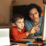 Parent and child discussing online safety at a computer.