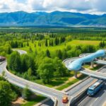 Modern transport infrastructure in Armenia's green landscape.