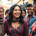 America Ferrera interacting with diverse migrants on film set.