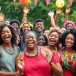 Diverse group celebrating unity and freedom outdoors on Juneteenth.