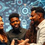Group discussion on AI with a digital technology backdrop.