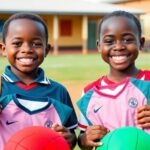 Samuel and Lucy with new sports kits, joyful and excited.